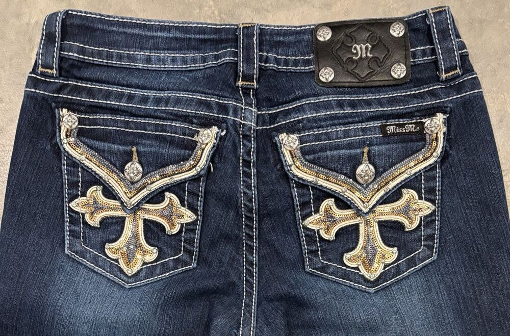 Miss Me Jeans Signature Skinny Sequins Cross Studded Embellished Sz 28